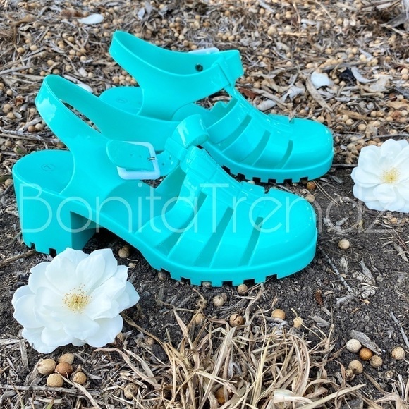 Green Retro PVC GLADIATOR JELLY Chunky Heel Sandal - Picture 3 of 7